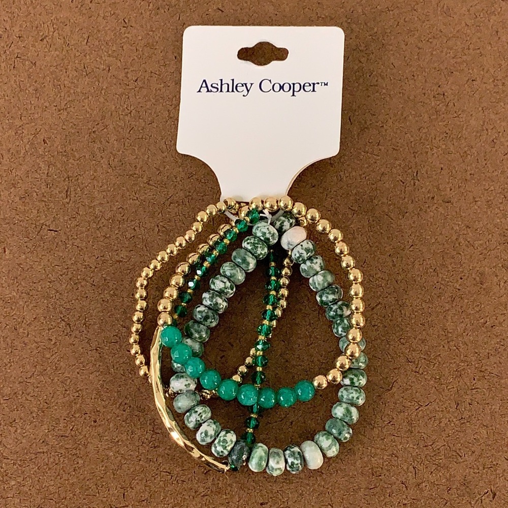Ashley Cooper Womens One Size Stretch Green Gold Beaded 4 Piece Bracelet Set NWT